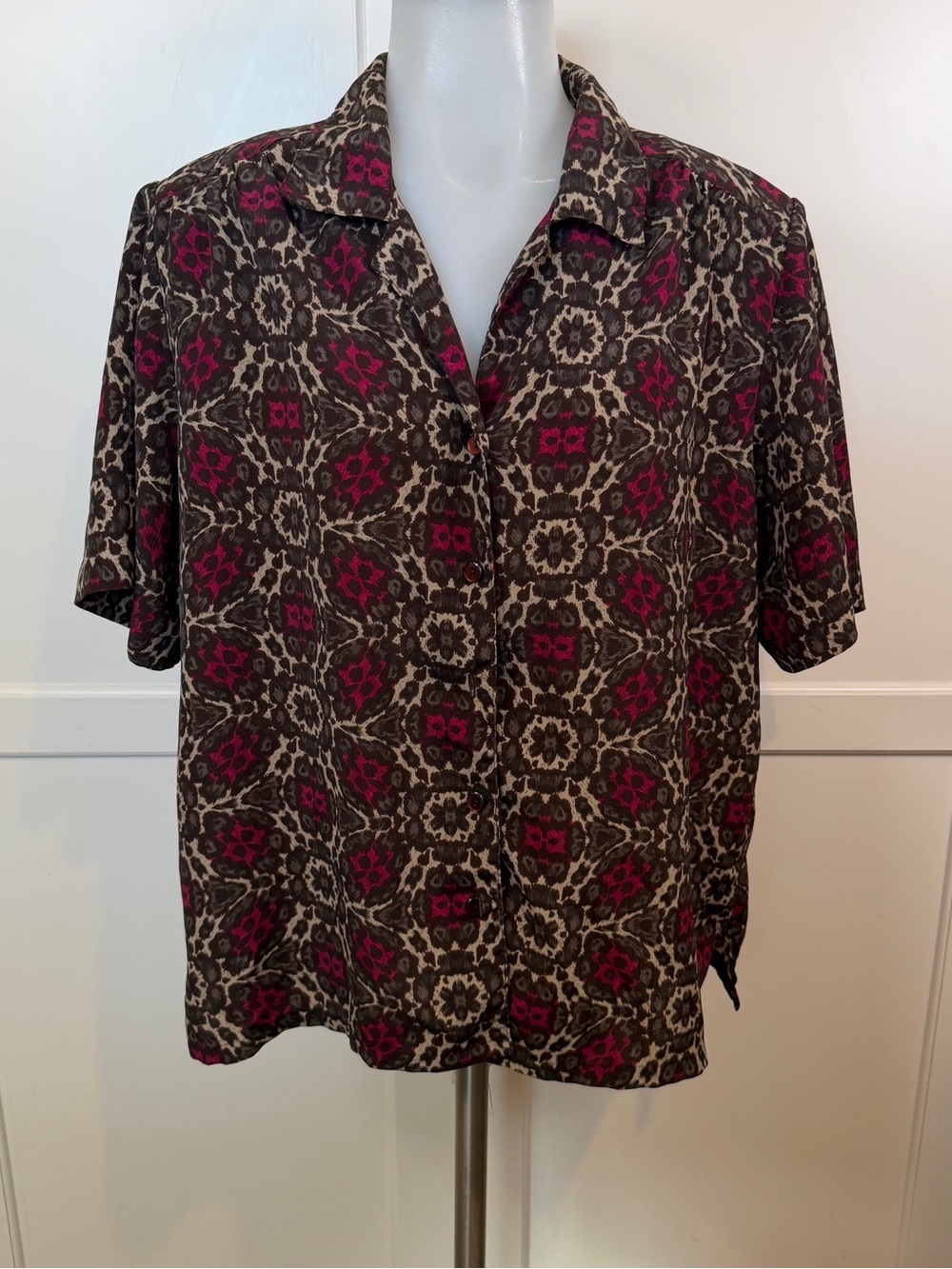 Donnkenny Petite Printed Button Up Blouse Brown Pink Short Sleeve Top XL